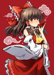 Rule 34 | 1girl, ascot, bare shoulders, blush, bow, brown eyes, brown hair, cloud, commentary request, cup, detached sleeves, dress, drinking, frilled dress, frills, hair bow, hair tubes, hakurei reimu, long hair, looking at viewer, mizumoto tadashi, nontraditional miko, red background, red bow, red dress, sakazuki, simple background, solo, touhou, wide sleeves, yellow ascot