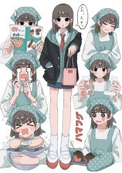 Rule 34 | 1girl, @ @, afterimage, bag, baking, bandaid, bandaid on hand, black eyes, bleeding, blood, blue skirt, blush, blush stickers, book, bow, bowl, brown hair, closed mouth, crying, cupcake, eating, closed eyes, food, food on face, gift, gift bag, green hoodie, grey background, hamafugu, hand in pocket, heart, highres, holding, holding bag, holding book, holding bowl, holding tray, hood, hood down, hoodie, injury, medium hair, motion lines, multiple views, necktie, open book, open mouth, original, oven mitts, pink bag, polka dot, red bow, red necktie, simple background, skirt, speech bubble, striped, striped necktie, sweat, tray, valentine