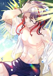 Rule 34 | 1boy, beach, blue male swimwear, blue shorts, blue swim trunks, closed mouth, dated, fate/grand order, fate (series), grey hair, looking at viewer, male focus, male swimwear, multicolored hair, muscular, odysseus (fate), palm tree, puyue, red hair, shirt, shorts, signature, sitting, smile, solo, streaked hair, summer, swim trunks, swimsuit, topless male, tree, two-tone hair, water, wet, wet clothes, wet shirt, white shirt, yellow eyes