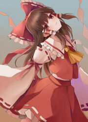 Rule 34 | 1girl, absurdres, ascot, bow, brown hair, detached sleeves, frilled bow, frills, grey background, hair bow, hair tubes, hakurei reimu, highres, koizumo, light smile, long hair, looking at viewer, midriff, red bow, red skirt, ribbon-trimmed sleeves, ribbon trim, skirt, solo, touhou, wide sleeves