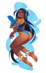 1girl absurdres arm_strap ass barefoot black_hair blue_background blue_eyes blue_eyeshadow blue_hair blue_nails blue_one-piece_swimsuit competition_swimsuit creatures_(company) dark-skinned_female dark_skin earclip earrings eyeshadow feet fingernails from_side game_freak gen_3_pokemon hair_bun hair_ornament highleg highleg_one-piece_swimsuit highres holding holding_poke_ball hoop_earrings jewelry light_blush long_hair looking_at_viewer makeup mudkip multicolored_hair nail_polish nessa_(pokemon) nintendo one-piece_swimsuit one-piece_tan open_mouth parted_lips poke_ball poke_ball_(basic) pokemon pokemon_(creature) pokemon_swsh racerback roxy_thefoxy single_hair_bun smile soles solo swimsuit tan tanline toenail_polish toenails toes two-tone_background two-tone_hair very_long_hair white_background yellow_one-piece_swimsuit