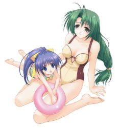 Rule 34 | 1990s (style), 2girls, :d, antenna hair, artist request, barefoot, bikini, blue eyes, blue hair, breasts, brown eyes, child, feet, green hair, hair ribbon, innertube, kimizuka aoi, long hair, low-tied long hair, lying, medium breasts, multiple girls, on lap, on stomach, one-piece swimsuit, open mouth, pia carrot (series), pia carrot e youkoso!!, pia carrot e youkoso!! g.o., ponytail, retro artstyle, ribbon, sitting, small breasts, smile, soles, source request, striped bikini, striped clothes, swim ring, swimsuit, toes, wariza, yamana kaede, yamana tokiko