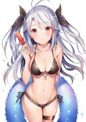 Rule 34 | 1girl, :o, anchor, antenna hair, aozora nan, arm behind back, azur lane, bare arms, bare shoulders, bikini, black bikini, blush, breasts, cleavage, collarbone, cowboy shot, food, groin, highres, holding, holding food, innertube, long hair, looking at viewer, medium breasts, multi-strapped bikini bottom, multi-strapped bikini top, multicolored hair, navel, parted bangs, parted lips, prinz eugen (azur lane), prinz eugen (unfading smile) (azur lane), red eyes, red hair, side-tie bikini bottom, silver hair, simple background, solo, sparkle, standing, stomach, streaked hair, swim ring, swimsuit, thigh strap, two side up, very long hair, white background