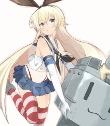 Rule 34 | 10s, 1girl, bare shoulders, black panties, blonde hair, blush, elbow gloves, gloves, hair ribbon, hibimegane, kantai collection, long hair, navel, open mouth, panties, personification, rensouhou-chan, ribbon, sailor collar, shimakaze (kancolle), skirt, solo, striped clothes, striped thighhighs, thighhighs, underwear, white gloves, yellow eyes