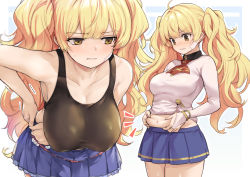 Rule 34 | 1girl, ascot, bandaid, bandaid on face, bare shoulders, belly grab, black sports bra, blonde hair, blue skirt, blush, breasts, brown eyes, cleavage, collarbone, granblue fantasy, highres, kztk, large breasts, leaning forward, long hair, long sleeves, monika weisswind, multiple views, navel, shirt, skirt, sports bra, thighs, twintails, wavy hair, weight conscious, white shirt