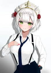 Rule 34 | 1girl, 6mon, absurdres, alternate costume, black pants, blue necktie, braid, breasts, closed mouth, flower, genshin impact, green eyes, hair flower, hair ornament, highres, light blush, long sleeves, looking at viewer, maid headdress, medium breasts, necktie, noelle (genshin impact), pants, red flower, red nails, red rose, rose, shirt, short hair, smile, solo, suspenders, watch, white hair, white shirt, white sleeves, wristwatch