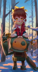Rule 34 | 1girl, :d, absurdres, ahoge, arm support, bare tree, blue skirt, blue sky, blurry, blurry foreground, blush, bow, brown hair, clannad, commentary request, day, depth of field, fur-trimmed jacket, fur trim, hair bow, heart, highres, jacket, kneehighs, long sleeves, looking at viewer, off shoulder, okazaki ushio, open mouth, outdoors, pink shirt, pleated skirt, red jacket, robot, scarf, shirt, sitting, skirt, sky, smile, snow, socks, solo, teeth, tree, upper teeth only, white socks, yellow bow, yellow eyes, yellow scarf, yuhuan