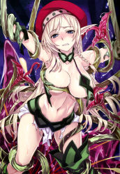 Rule 34 | 1girl, alleyne (queen&#039;s blade), alleyne (queen's blade), armpits, bare shoulders, beret, blonde hair, blue eyes, blush, boots, bound, bound arms, braid, breasts, covered erect nipples, ear licking, elbow gloves, elf, fighting master alleyne, frown, gloves, green gloves, groin, hat, highres, imminent rape, knee boots, kneeling, large breasts, leaning forward, licking, long hair, looking at viewer, matsuryuu, midriff, navel, nose blush, pointy ears, queen&#039;s blade, restrained, revealing clothes, scan, side braid, single braid, skirt, sleeveless, solo, sweat, tareme, tentacles, tongue, tongue out, torn clothes, torn gloves, torn skirt, weapon, white skirt