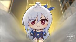 Rule 34 | 1girl, a-pose, blue headwear, blue sleeves, chibi, chinese clothes, closed mouth, commentary, detached sleeves, english commentary, english text, flat chest, gacha, gameplay mechanics, honkai: star rail, honkai (series), jingliu (honkai: star rail), long hair, pootaetae, red eyes, solo, white hair