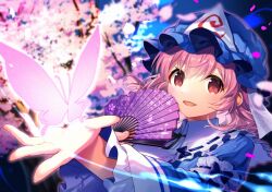 Rule 34 | 1girl, black ribbon, blue bow, blue hat, blue kimono, blue sky, blurry, blurry background, blush, bow, branch, bug, butterfly, butterfly wings, cherry blossoms, fingernails, frills, hair between eyes, hand fan, hands up, hat, holding, holding fan, insect, insect wings, japanese clothes, juliet sleeves, kapuchii, kimono, long fingernails, long sleeves, looking at viewer, mob cap, neck ribbon, night, night sky, open mouth, outdoors, petals, pink butterfly, pink hair, puffy sleeves, red eyes, ribbon, saigyouji yuyuko, short hair, sky, smile, solo, touhou, tree, triangular headpiece, upper body, veil, wide sleeves, wing collar, wings