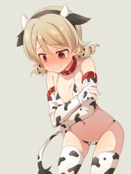Rule 34 | @ @, animal ears, animal print, bad id, bad twitter id, bikini, blush, breasts, brown eyes, collar, cow ears, cow print, cow tail, cowboy shot, drill hair, elbow gloves, embarrassed, fake animal ears, fake tail, gloves, grey background, hairband, hand on own arm, idolmaster, idolmaster cinderella girls, light brown hair, medium hair, morikubo nono, navel, nose blush, print bikini, print gloves, print thighhighs, red collar, ringlets, self hug, simple background, skindentation, small breasts, solo, sweat, swimsuit, tail, thighhighs, uccow, wavy mouth