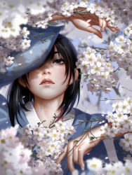 Rule 34 | 1girl, arm up, black eyes, black hair, blurry, blurry background, blurry foreground, cherry blossoms, close-up, day, highres, japanese clothes, kimono, liang xing, lips, looking up, mole, mole under eye, original, parted lips, short hair, solo