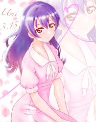 Rule 34 | 1girl, absurdres, artist name, artist request, blue hair, blush, breasts, brown eyes, collarbone, dated, dress, dress shirt, female focus, hair between eyes, heart, highres, long hair, looking at viewer, love live!, love live! school idol project, miniskirt, parted lips, pink shirt, pink skirt, plaid, plaid skirt, pleated, pleated skirt, puffy short sleeves, puffy sleeves, ribbon, shirt, short sleeves, skirt, smile, solo, sonoda umi, white ribbon, yellow eyes