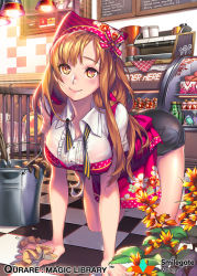 Rule 34 | 1girl, all fours, apron, bad id, bad pixiv id, bow, brown eyes, brown hair, bucket, cake, checkered floor, copyright name, flower, food, lights, long hair, official art, original, pink apron, qurare magic library, rag, shorts, smile, solo, untied, xxinainaxx