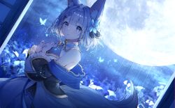 Rule 34 | 1girl, animal ear fluff, animal ears, black jacket, blue butterfly, blue eyes, blue flower, blush, bug, butterfly, commentary request, cowboy shot, dutch angle, flower, fox ears, fox girl, fox tail, frilled sleeves, frills, full moon, hair flower, hair ornament, highres, indie virtual youtuber, insect, jacket, kotsuki rimu, long sleeves, looking at viewer, moon, night, noyu (noyu23386566), off shoulder, parted lips, rain, short hair, silver hair, solo, standing, tail, virtual youtuber