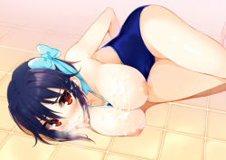 Rule 34 | 10s, 1girl, arm behind back, bad id, bad pixiv id, between breasts, black hair, blush, bow, breasts, breasts out, competition school swimsuit, cum, cum on body, cum on breasts, cum on hair, cum on upper body, facial, female focus, gradient background, hair bow, large breasts, looking at viewer, lying, mirei, mole, mole under eye, nipples, nisekoi, on floor, on side, one-piece swimsuit, red eyes, school swimsuit, short hair, solo, swimsuit, tile floor, tiles, tsugumi seishirou
