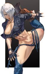 1girl abs angel_(kof) backless_pants blue_eyes boots bra breasts chaps cleavage cowboy_boots crop_top cropped_jacket fingerless_gloves gloves hair_over_one_eye highres jacket large_breasts leather leather_jacket midriff muscular muscular_female navel obliques panties pants short_hair simple_background smile snk solo strapless strapless_bra syachiiro the_king_of_fighters the_king_of_fighters_xv toned toned_female underwear white_hair