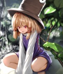 Rule 34 | 1girl, barefoot, blonde hair, chestnut mouth, day, frog, hat, long sleeves, looking at viewer, moriya suwako, on rock, open mouth, outdoors, plant, purple skirt, purple vest, red eyes, ryosios, skirt, skirt set, solo, squatting, touhou, v arms, vest, water, waterfall, wide sleeves