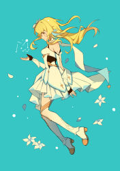 Rule 34 | 1girl, absurdres, alternate hair length, alternate hairstyle, blue hair, closed mouth, detached sleeves, dress, elbow cutout, floating hair, from side, full body, genshin impact, highres, layered dress, long hair, lumine (genshin impact), pleated dress, profile, sleeveless, sleeveless dress, solo, thighhighs, white dress, white sleeves, white thighhighs, xzorq, yellow eyes, zettai ryouiki