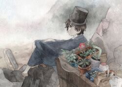 Rule 34 | 1boy, androgynous, black eyes, black hat, bottle, brown hair, flower, hat, highres, japanese clothes, kimono, kz m i, looking at viewer, male focus, original, painting (medium), plant, potted plant, shoes, short hair, sitting, socks, solo, top hat, traditional media, watercolor (medium), white socks