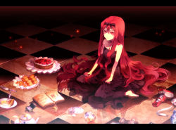 Rule 34 | 1girl, bare shoulders, barefoot, book, bow, checkered floor, choker, dress, food, hair bow, letterboxed, long hair, red eyes, red hair, reflection, shoes, unworn shoes, sitting, solo, sugar coating, sunakumo, very long hair, wariza