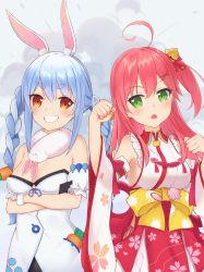 Rule 34 | 2girls, ahoge, animal ear fluff, animal ears, animal print, bare shoulders, bell, blue hair, blush, braid, breasts, buttons, carrot, carrot hair ornament, cat print, cherry blossom print, chestnut mouth, cleavage, collar, eyebrows, floral print, food-themed hair ornament, green eyes, hair bell, hair between eyes, hair ornament, hairclip, highres, hololive, long braid, long hair, looking at viewer, medium breasts, mirai (mirai76 ), multicolored hair, multiple girls, one side up, open mouth, orange eyes, paw pose, paw print, paw print pattern, pink hair, rabbit ears, rabbit girl, red collar, sakura miko, sakura miko (1st costume), scarf, smile, teeth, twin braids, two-tone hair, usada pekora, usada pekora (1st costume), virtual youtuber