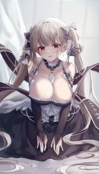 Rule 34 | 1girl, :d, absurdres, ahoge, azur lane, bare shoulders, between breasts, black dress, black ribbon, blush, bow, breasts, bridal gauntlets, chabi, cleavage, detached sleeves, dot nose, dress, earrings, formidable (azur lane), frilled dress, frills, gothic lolita, grey hair, hair bow, highres, jewelry, korean commentary, large breasts, lolita fashion, long hair, looking at viewer, low neckline, necktie, necktie between breasts, open mouth, parted lips, red eyes, ribbon, sidelocks, smile, solo, square neckline, twintails, two-tone dress, two-tone ribbon, very long hair