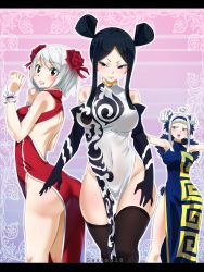 Rule 34 | 3girls, absurdres, ahoge, angel (fairy tail), artist name, ass, backless dress, backless outfit, bare shoulders, black eyes, black gloves, black hair, black legwear, blue eyes, blush, breasts, brown eyes, china dress, chinese clothes, choker, colorized, double bun, dress, elbow gloves, covered erect nipples, eyeshadow, fairy tail, gaston18, gloves, hairband, heart, heart choker, highres, large breasts, letterboxed, lipstick, long hair, looking at viewer, makeup, mashima hiro, minerva orlando, multiple girls, no bra, no panties, pelvic curtain, short hair, side slit, sidelocks, smile, thighhighs, white hair, wide hips, yukino aguria