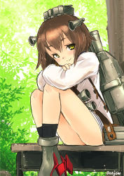 Rule 34 | 10s, 1girl, ankle boots, artist name, backpack, bag, bare legs, bare shoulders, binoculars, black socks, blush, boots, brown eyes, brown hair, bush, closed mouth, crossed arms, desk, grey footwear, head tilt, headgear, highres, kantai collection, kneehighs, knees up, long sleeves, looking at viewer, machinery, outdoors, plant, school uniform, serafuku, shirt, short hair, smile, socks, solo, sonjow4, table, tareme, thighs, tree, under tree, white shirt, wooden table, yukikaze (kancolle)