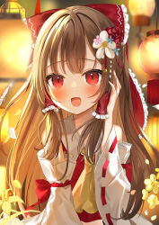 Rule 34 | 1girl, absurdres, ascot, blush, bow, brown hair, commentary request, detached sleeves, diamond-shaped pupils, diamond (shape), falling petals, flower, frilled bow, frilled hair tubes, frills, hair bow, hair flower, hair ornament, hair tubes, hakurei reimu, hand in own hair, highres, long hair, looking at viewer, okome2028, open mouth, petals, red bow, red eyes, red flower, ribbon-trimmed sleeves, ribbon trim, smile, solo, symbol-shaped pupils, touhou, white flower, yellow ascot, yellow flower