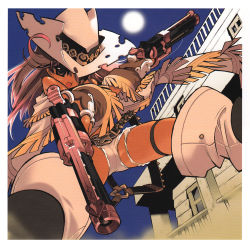 Rule 34 | 1girl, bare shoulders, belt, blade (galaxist), boots, brown hair, bullet, bullet hole, cowboy hat, dual wielding, fingerless gloves, fringe trim, gloves, gun, hat, highres, holding, long hair, open mouth, original, outdoors, pink hair, scan, short shorts, shorts, solo, tan, thigh strap, torn clothes, weapon, cowboy western