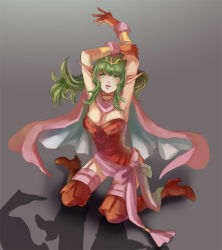 Rule 34 | 1girl, aged up, arms up, blush, boots, bracelet, breasts, cape, cleavage, dress, feroz, fire emblem, fire emblem awakening, garter straps, gloves, green eyes, green hair, hair ornament, hair ribbon, high heel boots, high heels, jewelry, kneeling, large breasts, light blush, long hair, looking at viewer, looking up, nintendo, pink cape, pointy ears, ponytail, red dress, red footwear, red gloves, ribbon, sash, short dress, solo, strapless, strapless dress, thigh boots, thighhighs, tiki (adult) (fire emblem), tiki (fire emblem)