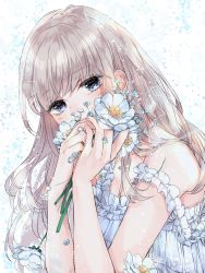 Rule 34 | 1girl, absurdres, blue eyes, covered mouth, dress, flower, frilled dress, frills, highres, holding, holding flower, light brown hair, long hair, looking at viewer, motimoti067, original, solo, white dress, white flower