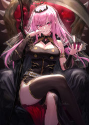 Rule 34 | 1girl, armlet, black cloak, black dress, black headwear, black nails, black thighhighs, breasts, cleavage, cleavage cutout, cloak, clothing cutout, commentary, crossed legs, cup, cupping glass, detached sleeves, dress, drinking glass, grin, guchico, hair between eyes, hand to own mouth, highres, holding, holding cup, hololive, hololive english, large breasts, long hair, looking at viewer, mori calliope, nail polish, pink eyes, pink hair, scythe, see-through, see-through sleeves, sitting, smile, solo, spikes, thighhighs, thighs, throne, tiara, veil, virtual youtuber, wine glass