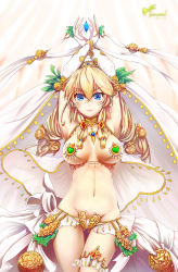 Rule 34 | 1girl, armpits, arms up, blonde hair, blue eyes, breasts, bridal gauntlets, crossed bangs, crystal, dancer, dated, glycyrrhizae, groin, hair between eyes, highres, jewelry, large breasts, long hair, looking at viewer, lots of jewelry, low-tied long hair, navel, necklace, original, parted lips, pasties, revealing clothes, see-through, shawl, smile, solo, thigh gap, twintails
