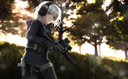 Rule 34 | 1girl, black pantyhose, blurry, blurry background, brown eyes, bullpup, check commentary, commentary request, gun, handgun, headset, holding, holding gun, holding weapon, holster, holstered, hood, hoodie, horizontal magazine, pantyhose under shorts, original, outdoors, p90, pantyhose, personal defense weapon, pistol, see-through, shorts, solo, submachine gun, suppressor, translucent, weapon, white hair, ylmi