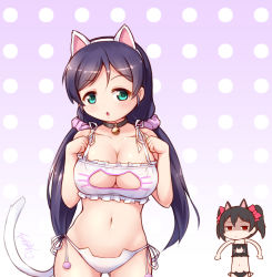 Rule 34 | 10s, 2girls, animal ears, bell, black hair, blush, bow, bra, breast envy, breasts, cat cutout, cat ear panties, cat ears, cat lingerie, cat tail, choker, cleavage, cleavage cutout, clothing cutout, flat chest, green eyes, hair bow, jingle bell, langbazi, large breasts, long hair, looking at viewer, love live!, love live! school idol project, meme attire, multiple girls, navel, open mouth, panties, purple hair, red eyes, shaded face, side-tie panties, tail, tojo nozomi, twintails, underwear, underwear only, yazawa nico