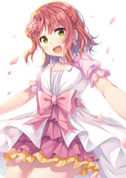 Rule 34 | 1girl, :d, bow, collarbone, cowboy shot, dress, earrings, green eyes, hair bun, hair ornament, jewelry, looking at viewer, love live!, love live! nijigasaki high school idol club, necklace, open mouth, pearl necklace, petals, pink dress, puffy short sleeves, puffy sleeves, red hair, short hair, short sleeves, side bun, sidelocks, simple background, single side bun, smile, solo, standing, tomo wakui, uehara ayumu, white background