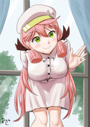 Rule 34 | 1girl, akashi (kancolle), akashieru, blunt tresses, breasts, cabbie hat, collared dress, commentary request, curtains, dress, feet out of frame, green eyes, hair ribbon, hat, highres, kantai collection, large breasts, leaning forward, long hair, official alternate costume, pink hair, pink hat, ribbon, solo, tress ribbon, white dress, window