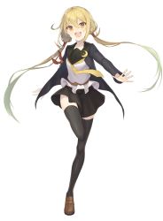 Rule 34 | 10s, 1girl, belt, black thighhighs, blonde hair, collarbone, crescent, crescent pin, full body, gi (melmail), gradient hair, green hair, highres, jacket, kantai collection, leg up, loafers, long hair, looking at viewer, low twintails, multicolored hair, necktie, open mouth, outstretched arms, satsuki (kancolle), satsuki kai ni (kancolle), school uniform, shoes, simple background, skirt, solo, thighhighs, twintails, very long hair, white background, yellow eyes, yellow necktie, zettai ryouiki