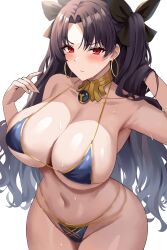 Rule 34 | 1girl, absurdres, bikini, black hair, black ribbon, blue bikini, blush, breasts, closed mouth, commentary request, earrings, fate/grand order, fate (series), hair ribbon, highres, hoop earrings, huge breasts, ishtar (fate), jasony, jewelry, long hair, looking at viewer, navel, red eyes, ribbon, simple background, solo, sweat, swimsuit, two side up, white background
