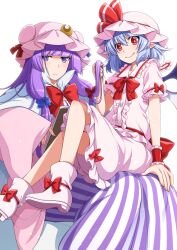 Rule 34 | 2girls, blue hair, book, bow, dress, eichi yuu, fang, hair bow, hat, highres, holding another&#039;s hair, mob cap, multiple girls, patchouli knowledge, pink shirt, pink skirt, purple eyes, purple hair, red eyes, remilia scarlet, shirt, simple background, sitting, sitting on lap, sitting on person, skirt, smile, striped clothes, striped dress, touhou, vertical-striped clothes, vertical-striped dress, white background