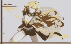 Rule 34 | 1girl, belt, blonde hair, breasts, cangkong, cleavage, copyright name, large breasts, long hair, open mouth, rwby, short shorts, shorts, simple background, solo, thighhighs, very long hair, watermark, web address, yang xiao long, yellow eyes