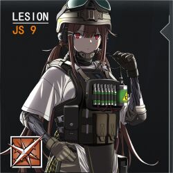 Rule 34 | 1girl, alternate costume, black gloves, brown hair, character name, closed mouth, commentary request, expressionless, girls&#039; frontline, gloves, goggles, goggles on headwear, hair between eyes, helmet, js 9 (girls&#039; frontline), lesion (rainbow six siege), load bearing vest, long hair, mechanical arms, parody, rainbow six siege, red eyes, sidelocks, solo, upper body, yitiao er-hua