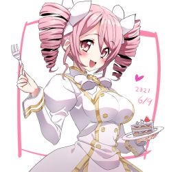 Rule 34 | 1girl, blush, bow, breasts, cake, drill hair, food, fork, hair bow, jashin-chan dropkick, large breasts, looking at viewer, open mouth, pink eyes, pink hair, pino (jashin-chan dropkick), smile, solo, twin drills, upper body