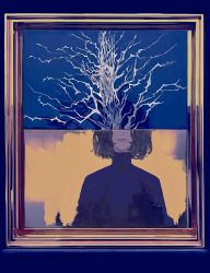 Rule 34 | 1boy, bare tree, black hair, blue background, closed mouth, commentary request, facing viewer, forever 7th capital, highres, iscario (forever 7th capital), male focus, mole, mole under eye, picture frame, shadow, short hair, solo, symbolism, tree, turtleneck, upper body, ye (ran chiiipye)