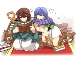 Rule 34 | &gt;:&lt;, 2girls, :&lt;, annoyed, bealphareth, blue eyes, blue hair, book, book stack, brown eyes, brown hair, closed mouth, crossover, cup, dust, dust cloud, frown, highres, jessica (bealphareth), jessica (granblue fantasy), jewelry, messy, multiple girls, necklace, noel (bealphareth), noel (sora no method), plump, poncho, pout, ribbon, sandals, saucer, scarf, staff, teacup, ueda katsuhito, v-shaped eyebrows