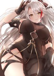 Rule 34 | 1girl, antenna hair, azur lane, bare shoulders, black bow, black dress, black gloves, blush, bow, breasts, closed mouth, dress, gloves, hair bow, highres, john zhang, large breasts, licking lips, long hair, looking at viewer, mole, mole on breast, multicolored hair, pelvic curtain, prinz eugen (azur lane), prinz eugen (cordial cornflower) (azur lane), red hair, sideboob, silver hair, smile, solo, streaked hair, swept bangs, thighs, tongue, tongue out, two side up, yellow eyes