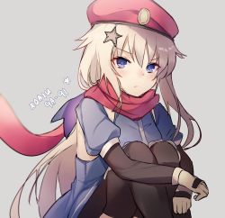 Rule 34 | 1girl, 9a-91 (girls&#039; frontline), arm warmers, artist name, bad id, bad pixiv id, beret, black thighhighs, blue dress, blue eyes, character name, closed mouth, detached sleeves, dress, frown, girls&#039; frontline, gloves, grey background, hat, highres, knees up, long hair, looking at viewer, red hat, red scarf, scarf, silver hair, sitting, solo, star (symbol), thighhighs, v-shaped eyebrows, white gloves, xoaiu