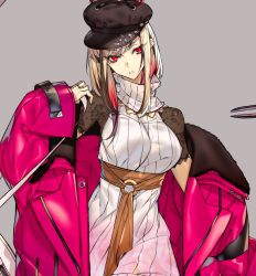 1girl blonde_hair hat highres hoe-l jacket original oversized_clothes red_eyes solo